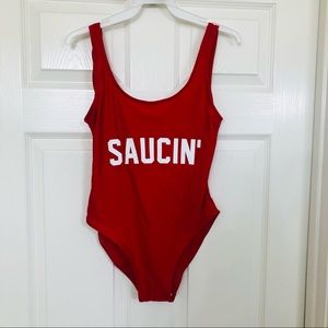 Red One Piece Swimsuit with SAUCIN in White